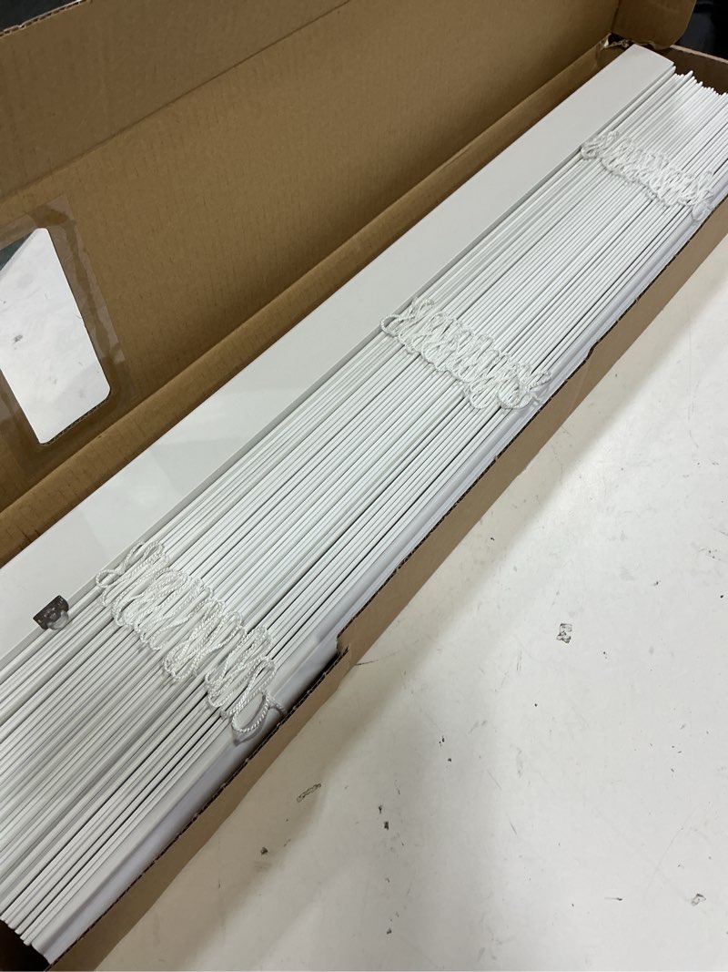 Condition photo showing As Is for allen + roth trim at home 2-in slat width 31-in x 64-in cordless white faux wood room darkening horizontal blinds