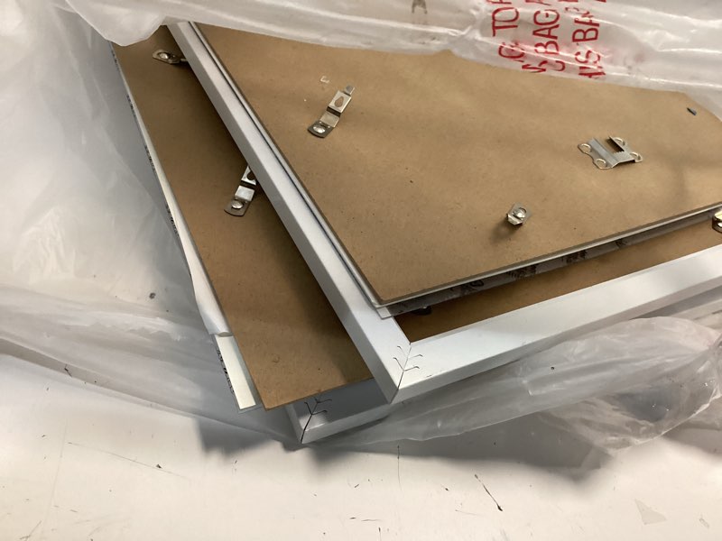 Condition photo showing As Is for picrit 14x18 picture frame 3 pack, white poster frame, display poster 12 x 16 with mat or 14 x 18 without mat for horizontal or vertical wall mounting white 14x18