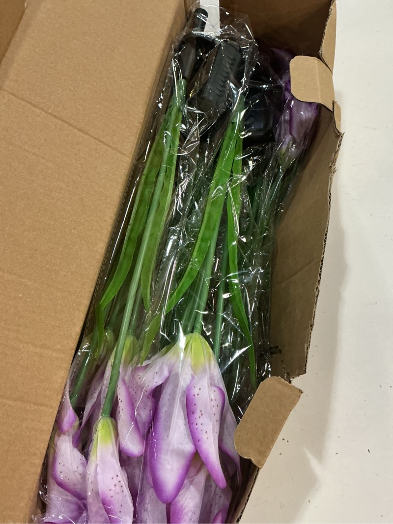 Condition photo showing New/Like New for solar lights outdoor, gift for women mom grandma wife daughter friends, 4 pack 16 solar purple lily flower lights, solar flower lights waterproof, outside decor stake lights for garden yard patio lawn 4 solar purple lily