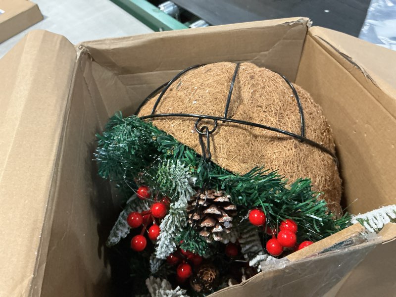 Condition photo showing As Is for 2 Pack Pre Lit Artificial Christmas Hanging Basket Christmas Tree Basket Decorated with Frosted Pine Cones, Berry Clusters, 2 Pcs White LED String Lights for Patio Porch Outdoor Indoor