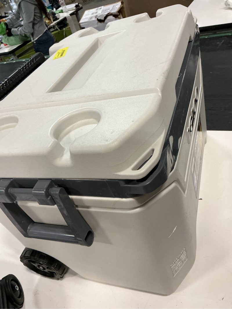 Condition photo showing As Is for igloo 35140 60-quart sunset roller cooler, bone white/gray