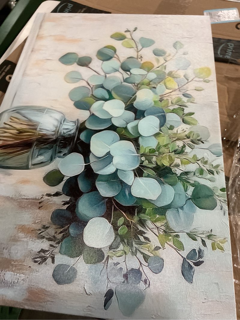 Condition photo showing Good Condition for eucalyptus flower glass vase canvas wall art sage green canvas with mason jar plants wall decor farmhouse vintage green plants poster print artwork for bathroom living room bedroom home decoration eucalyptus canvas 24"l x 16"w