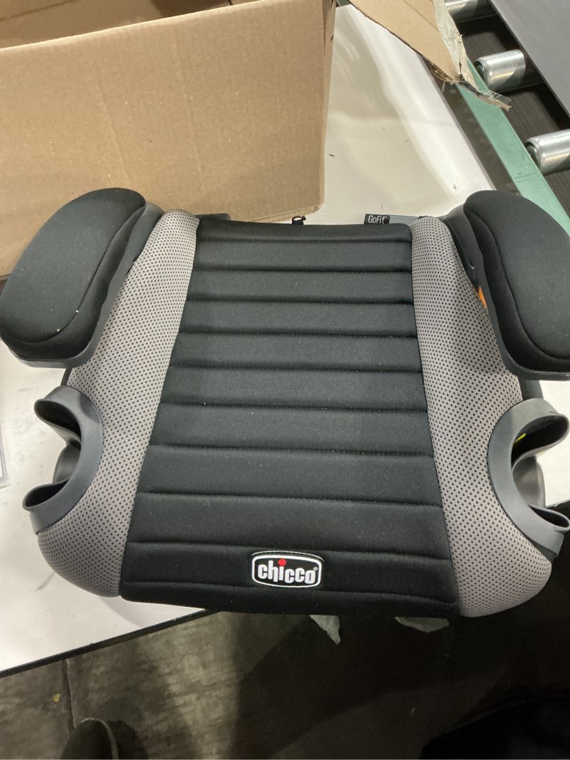 Condition photo showing New/Like New for Chicco GoFit Backless Booster Car Seat Without Latch Attachment, Travel Booster Seat for Car, Portable Car Booster Seat for Children 40-110 lbs. | Shark/Black/Grey GoFit Shark/Black/Grey
