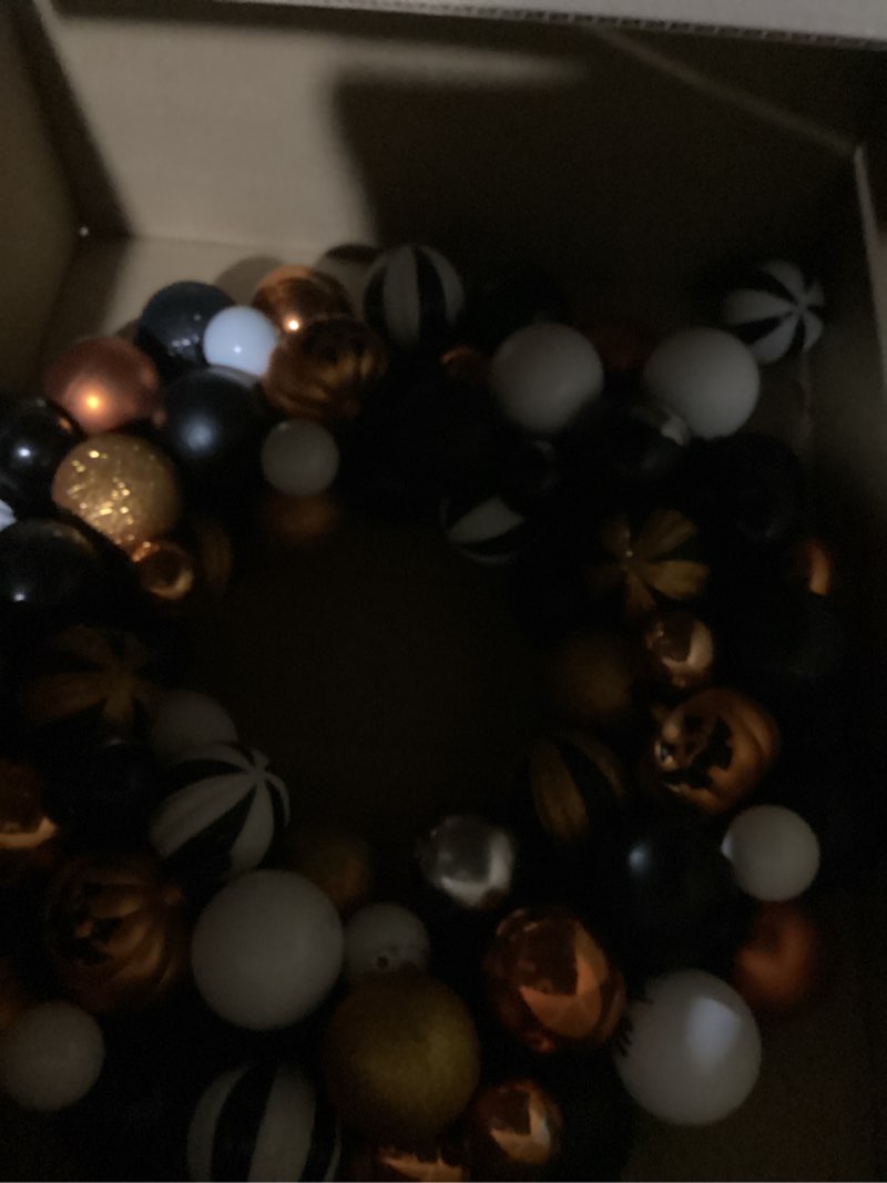 Condition photo showing Good Condition for Halloween Wreath for Front Door, 13 inch Small Halloween Ball Wreath with Pumpkins Bats Shatterproof Front Door Wreaths Orange/Purple/Black Ball Ornament for Wall Mantel Porch Indoor Outdoor Decor Orange&black&purple&green