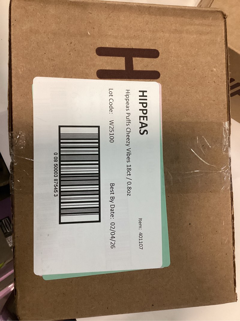 Condition photo showing New/Like New for HIPPEAS Chickpea Puffs, Cheezy Vibes, Gluten Free Snacks, Dairy Free, Vegan, 0.8oz, Pack of 18, 3g Protein, 2g Fiber, Crunchy, Nutritious, Baked Plant Protein Snack, Non-GMO, Kosher Cheezy Vibes 0.8 Ounce (Pack of 18)