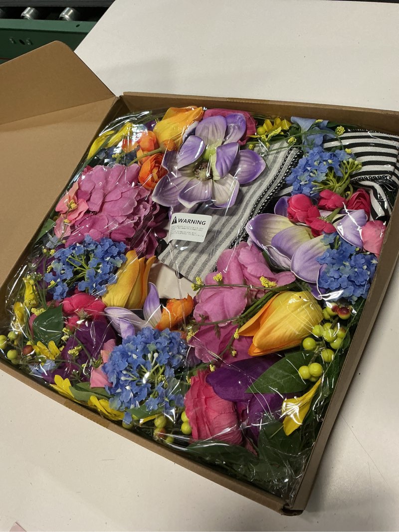 Condition photo showing New/Like New for pinkpuii spring wreaths for front door outside– 24 inch spring door wreath with pink peonies, roses,blue hydrangeas&yellow tulips,colorful welcome summer wreaths for front door porch & entryway decor