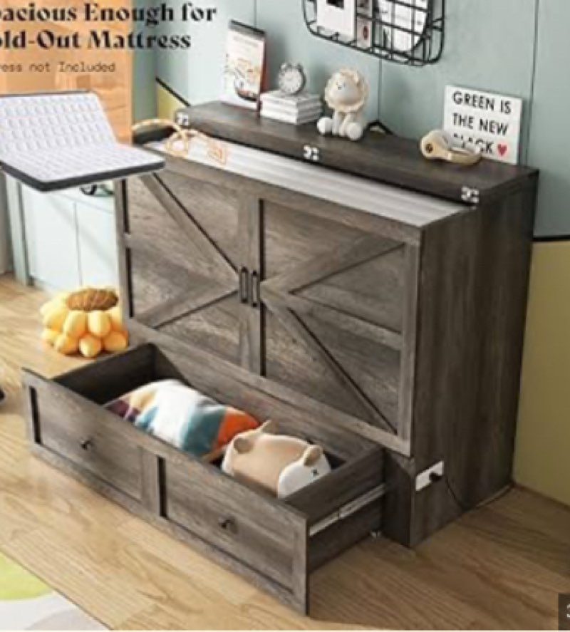  Incomplete box 1 of 2) AMERLIFE Full Murphy Bed with Storage & Charging Station, Farmhouse Murphy Cabinet with Foldable Panel, Noisy Free, for Guest Bedroom, Living Room, Office, Rustic Gray