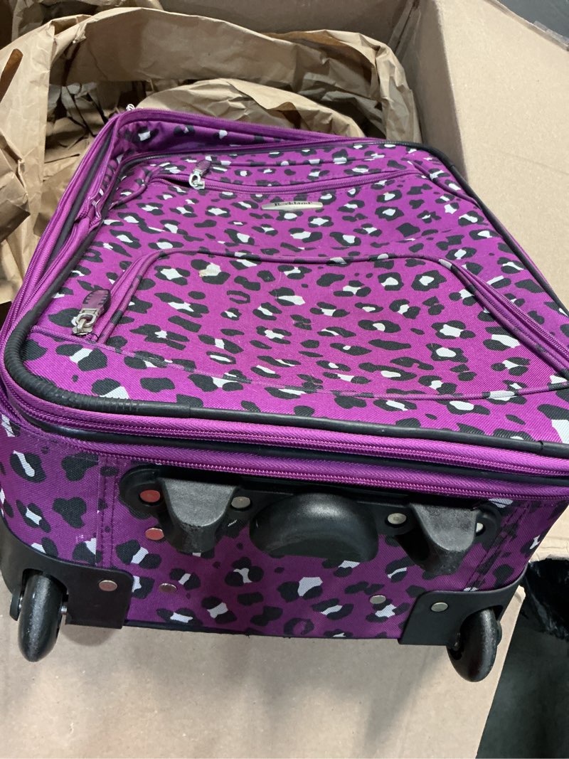 Condition photo showing As Is for rockland fashion softside upright luggage set, expandable,telescopic handle,wheel, purple leopard, 2-piece (14/19) 2 piece (19"/14" tote) purple leopard