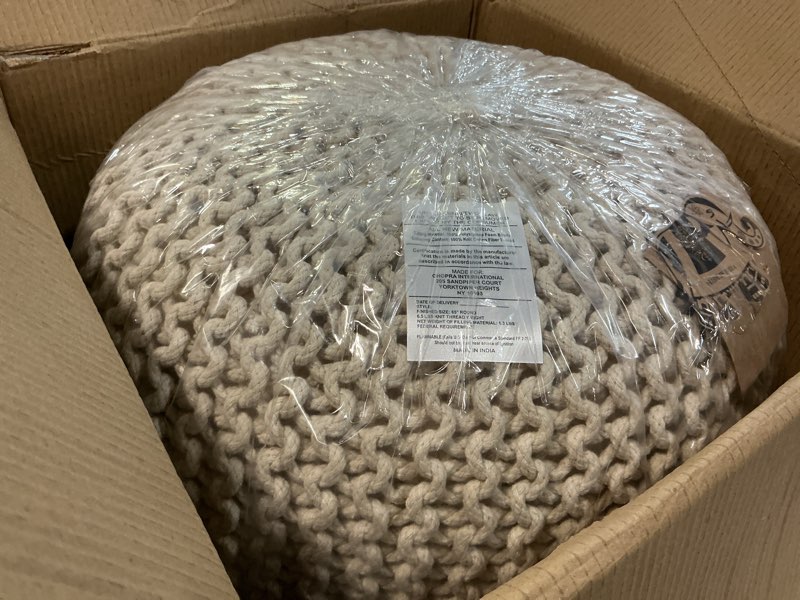 Condition photo showing New/Like New for FRELISH DECOR Round Pouf Ottoman Hand Knitted 100% Cotton Pouf Foot Stool - Knitted Bean Bag - Floor Chair for Living Room Bedroom - Foot Rest for Couch (20 Diameter x 14 Height) - Natural