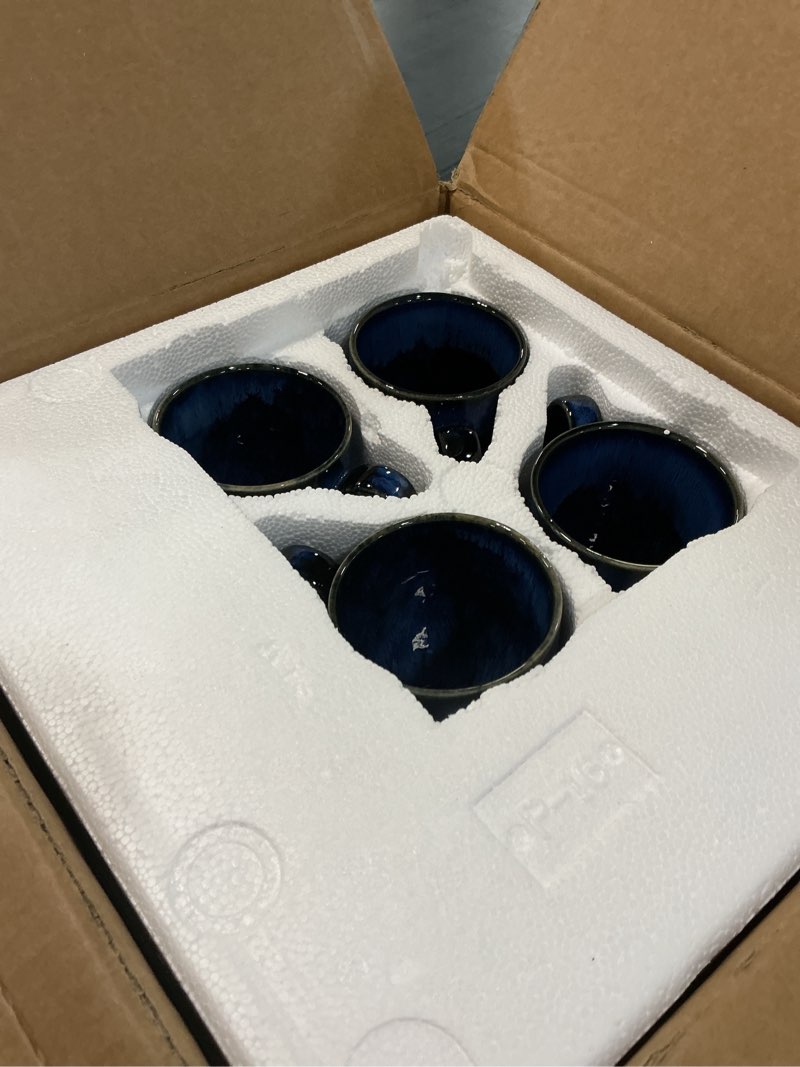 Condition photo showing As Is for (incomplete 14 pieces only) vancasso 14 pieces blue round stoneware dinner set, reactive glaze serving set with dinner plates, dessert plates, bowls and mugs, dinner set for 4, starry