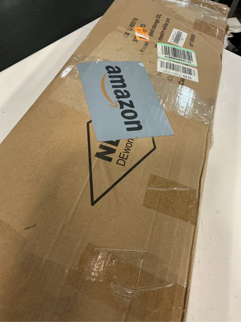 Condition photo showing Good Condition for Modern Blue Pool Storage Bin - XX-Large | Nylon Mesh Basket Organizer For Your Goggles, Beach Balls, Floats, Swim Toys & Accessories | Air Dry Items Quickly & Easily Roll To Your Home Garage or Shed Blue/White