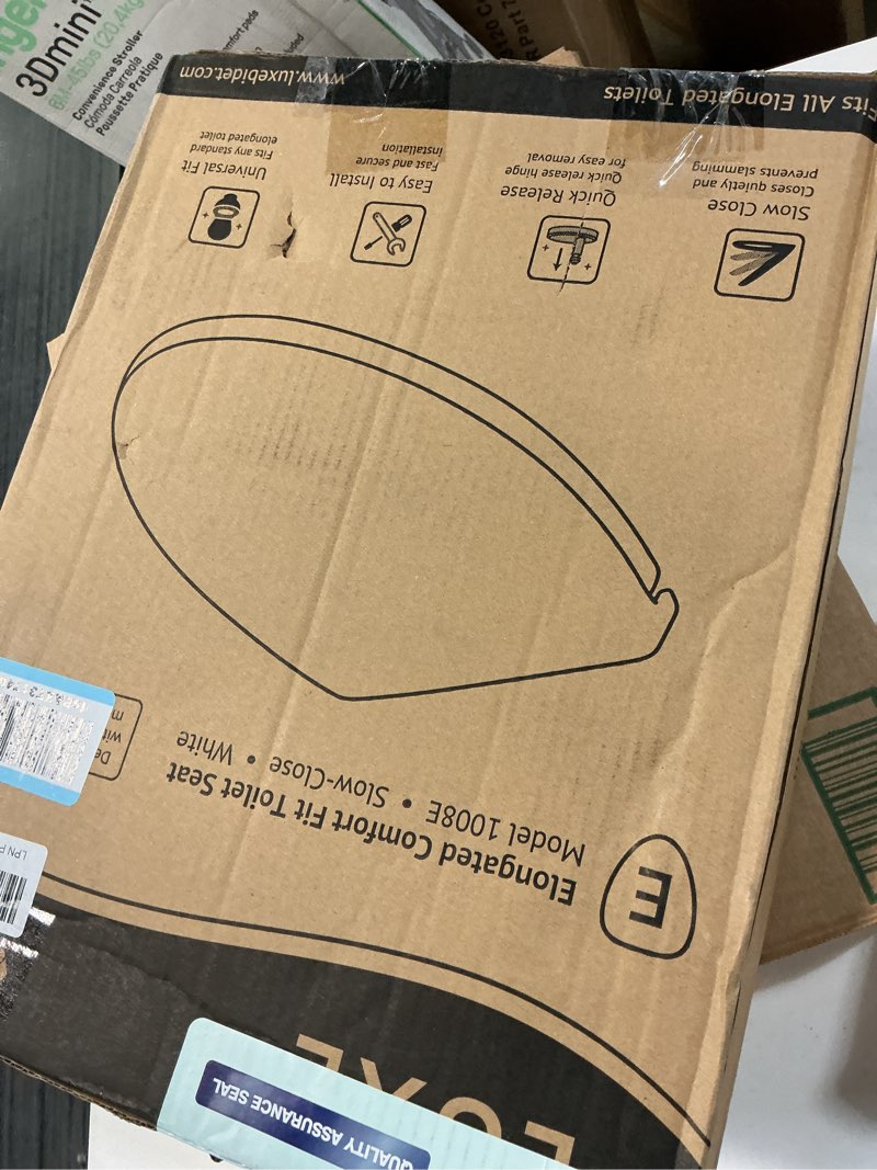 Condition photo showing New/Like New for LUXE TS1008E Elongated Comfort Fit Toilet Seat with Slow Close, Quick Release Hinges, and Non-Slip Bumpers (White)