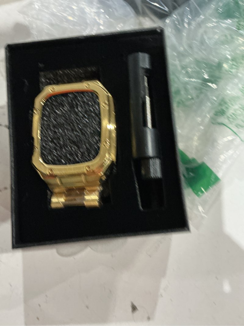 Condition photo showing Good Condition for stainless steel watch band with case compatible with apple watch series 9 8 7 (45mm), rugged strap with metal protective bumper cover for iwatch bands men (gold) gold 45mm (series 9 8 7)