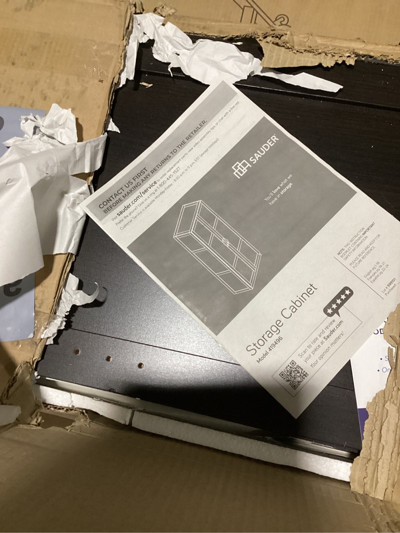 Condition photo showing Good Condition for Sauder Storage Cabinet/ Pantry cabinets, 29.61 " x D: 16.02 " x H: 71.50", Cinnamon Cherry finish