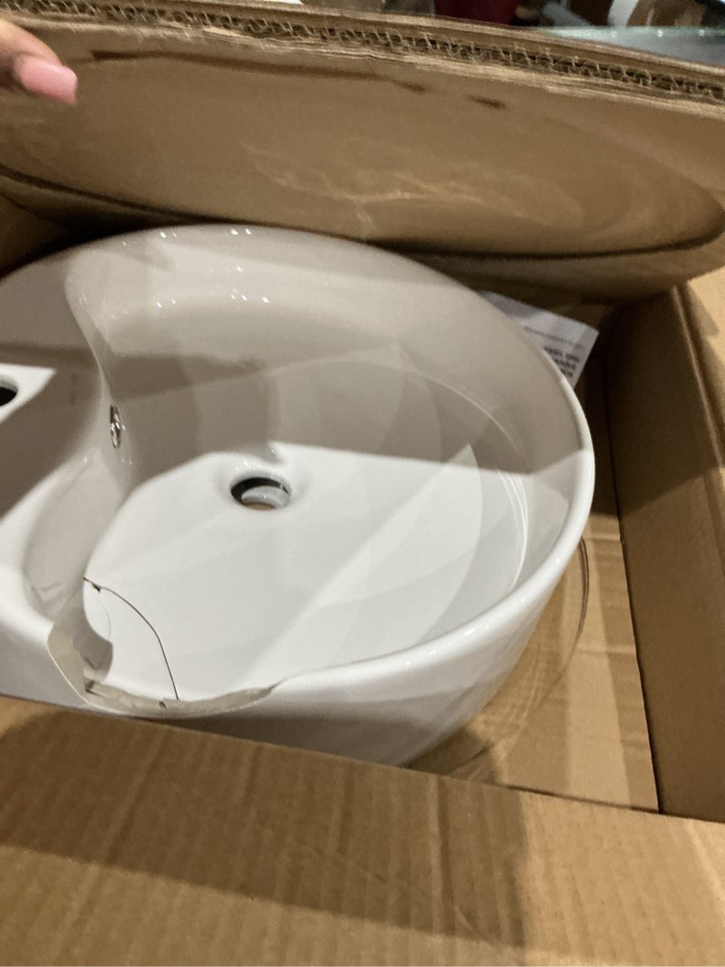 Condition photo showing As Is for allen + roth white vessel round bathroom sink with overflow drain (18.11-in x 18.11-in)