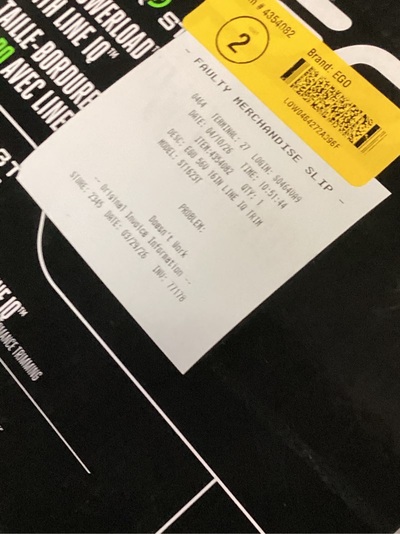 Condition photo showing As Is for ego powerload with line iq 56-volt 16-in telescopic shaft battery string trimmer 4 ah (battery and charger included)