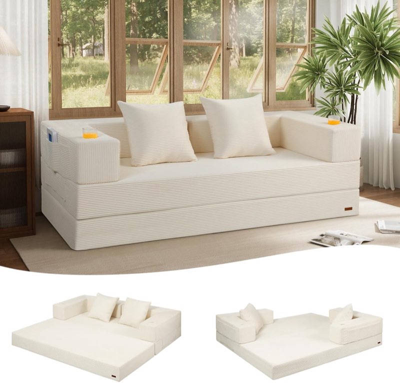 comax futon sofa bed, 4?in?1 convertible sofa bed, folding boneless couches for living room, fold out small foldable loveseat floor sleeper comfy mattress lounge space?saving, green l-shaped loveseat a green 1