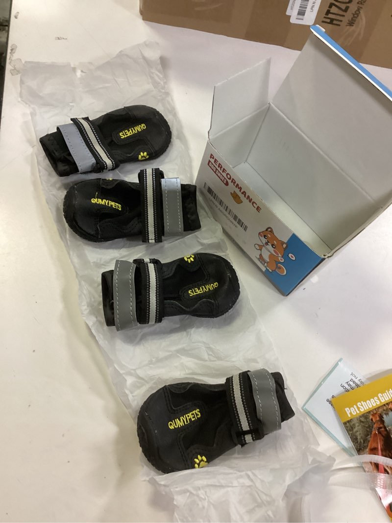 Condition photo showing Good Condition for QUMY Dog Shoes for Large Dogs, Medium Dog Boots & Paw Protectors for Winter Snowy Day, Summer Hot Pavement, Water-Resistant in Rainy Weather, Outdoor Walking, Indoor Hardfloors Skid-Resistant Sole Black Size 1: 1.8''x2.3''(W*L) (Pack of 4)