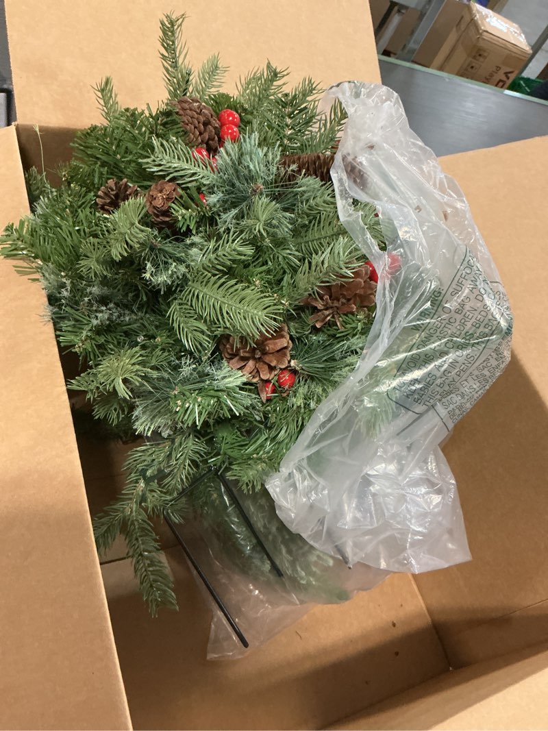 Condition photo showing As Is for Outdoor Christmas Tree Urn Filler 2 Set, Pre-lit Artificial Flocked Xmas Tree with Cones & Red Berries, Small Christmas Tree with 70 Warm Lights (Frosted Green)