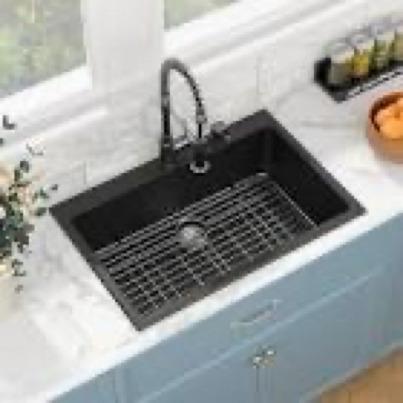 (Product may be damaged)Sarlai 33 Granite Composite Kitchen Sink Drop In - 33\\\\\\\\\\\\\\\"x22\\\\\\\\\\\\\\\" Granite Kitchen Sink Drop In Topmount Sink Black Quartz Classic Above Counter Single Bowl Sink Basinae
