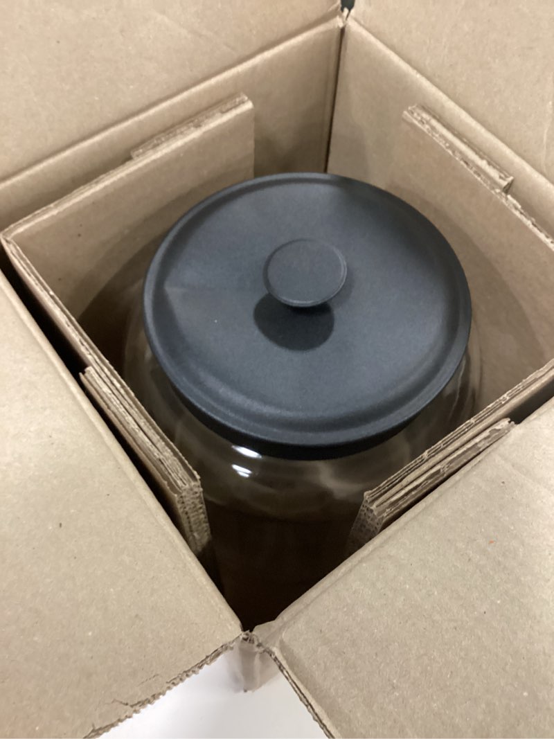 Condition photo showing New/Like New for Anchor Hocking 2 Gallon Montana Glass Jar with Lid (2 piece, black metal, dishwasher safe) 256 Ounces