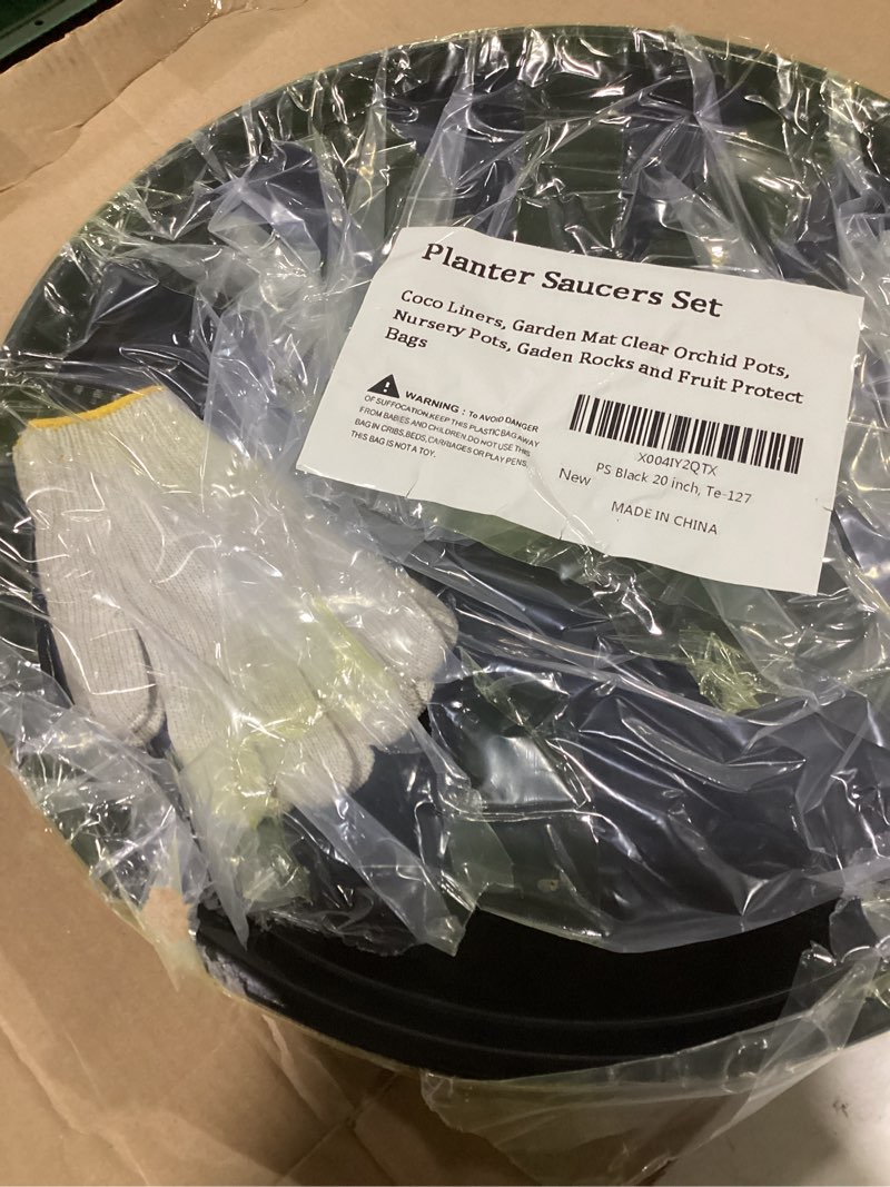 Condition photo showing As Is for jeria 8 inch 20 pack clear plant saucers,plastic flower pot trays,round durable plant drip trays for indoor and outdoor 8inch