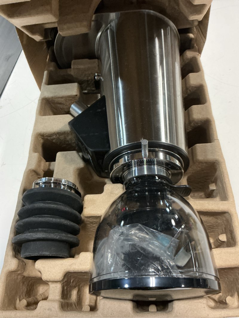 Condition photo showing As Is for mokkom professional 64mm flat burr coffee grinder with 100 grind settings, all-metal stainless steel body, coffee bean grinder with adjustable electronic timer, anti-static, led display