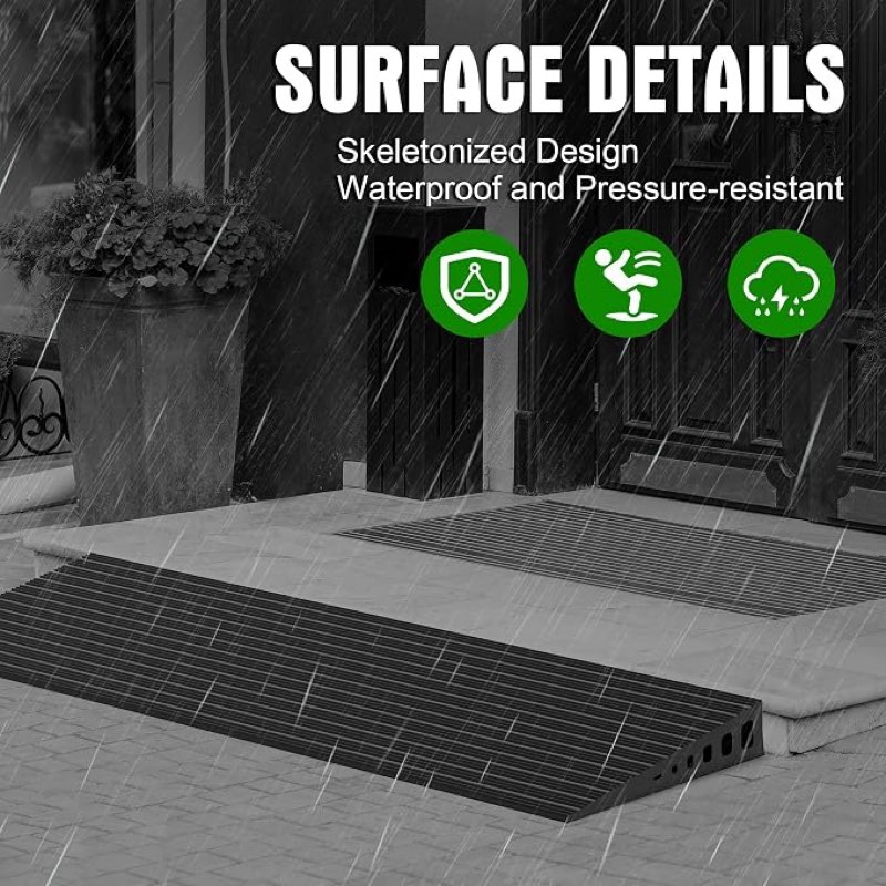 1.6" rise rubber threshold ramp for doorways, wheelchair ramp | 35.5" wide, 2000 lb capacity, cut-to-fit design, grooved non-slip surface, adhesive strips, power chairs, scooters