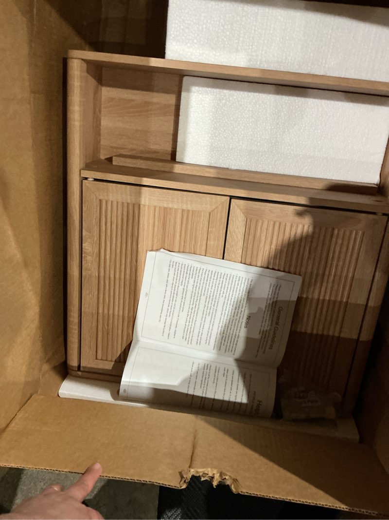 Condition photo showing As Is for h bathroom storage wall cabinet in linear natural oak