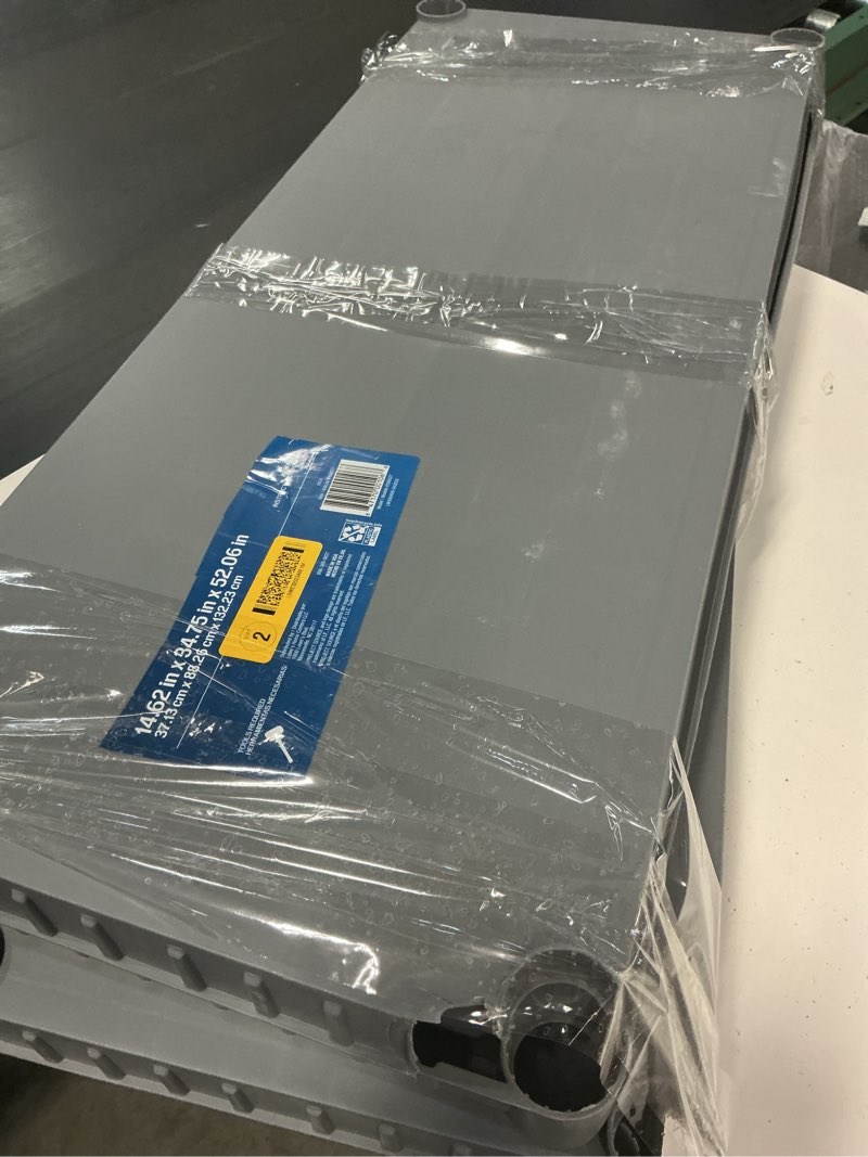 Condition photo showing As Is for project source plastic 4-tier utility shelving unit (34.75-in w x 15.06-in d x 52.625-in h), gray, (50-lb capacity per shelf)