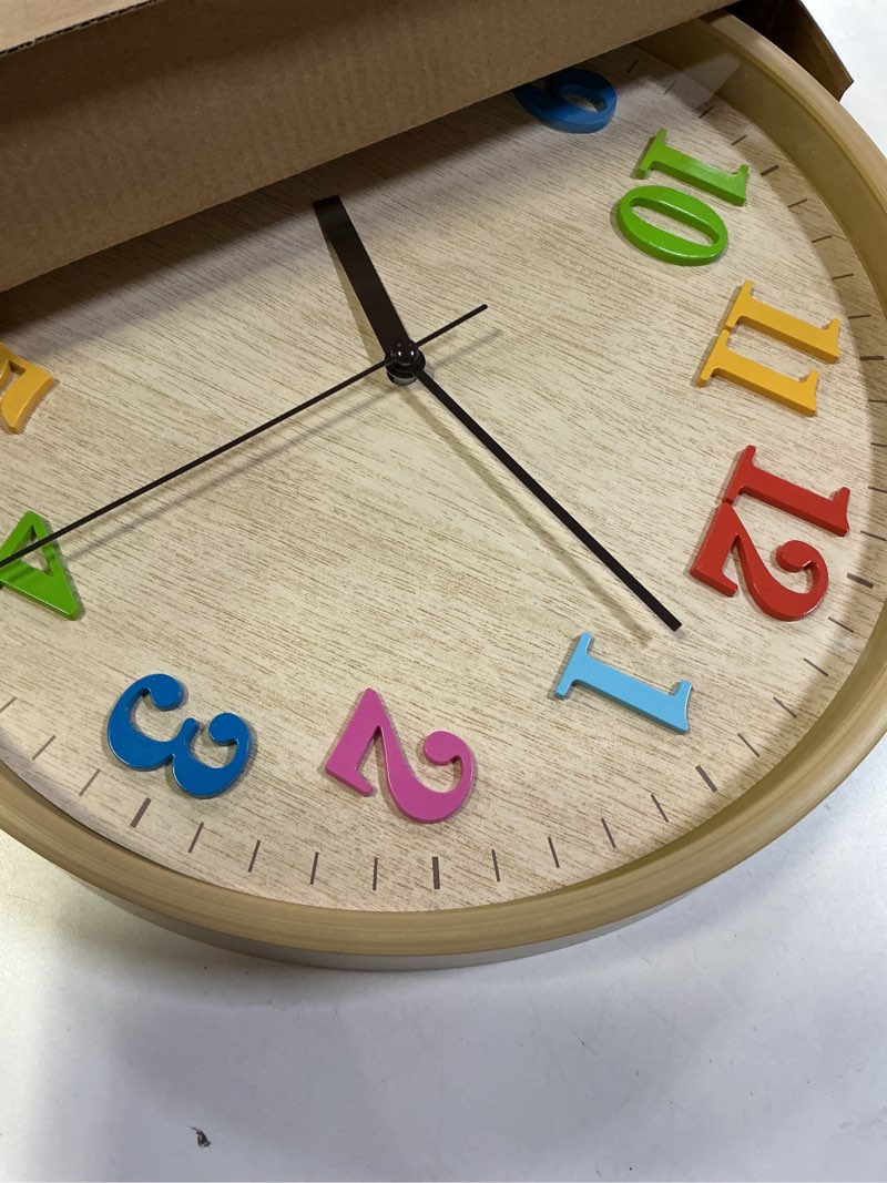 Condition photo showing As Is for Topkey 12" Wooden Look Wall Clock Silent Non-Ticking 3D Numbers Colorful Decorative Round Clock for Living Room, Bedroom and Office Battery Not Included - Light Brown 3d Color Numbers