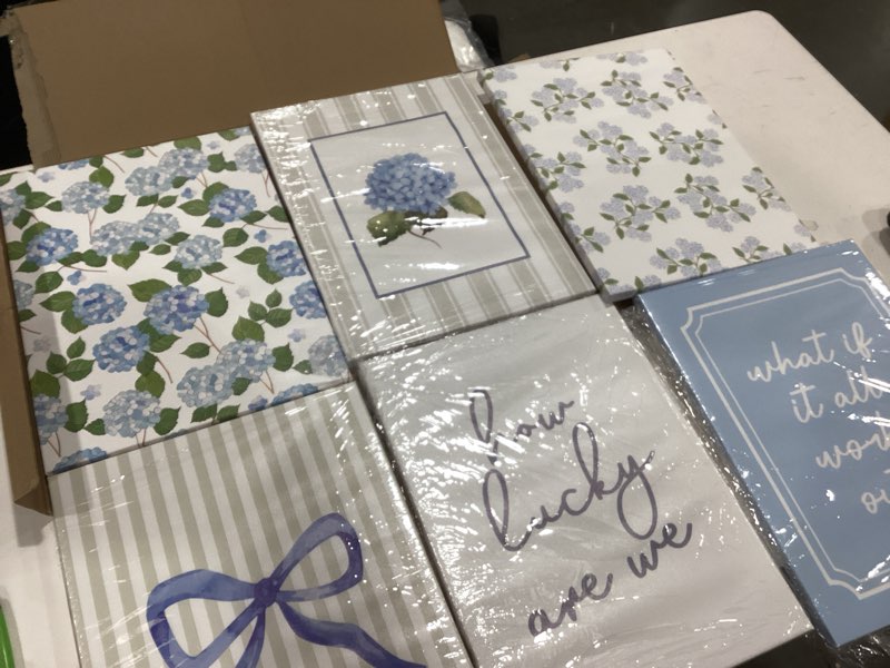 Condition photo showing New/Like New for 6 Pcs Blue Hydrangea Bow Canvas Wall Art How Lucky Are We Poster Prints Trendy Striped Coquette Paintings Pictures Sage Green Coastal Preppy Aesthetic Wall Decor for Girl Room Bedroom Living Room Office Dorm Apartment 8x10 Inch Unframed Blue Poster Unframed 10"L x 8"W