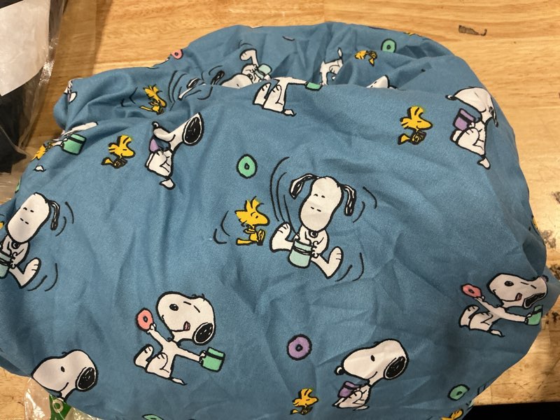Condition photo showing As Is for berkshire blanket peanuts® fitted sheet queen size(only), cute character snoopy microfiber sheet with deep pocket, soft and breathable, snoopy's morning coffee small blue snoopy's morning coffee small blue queen