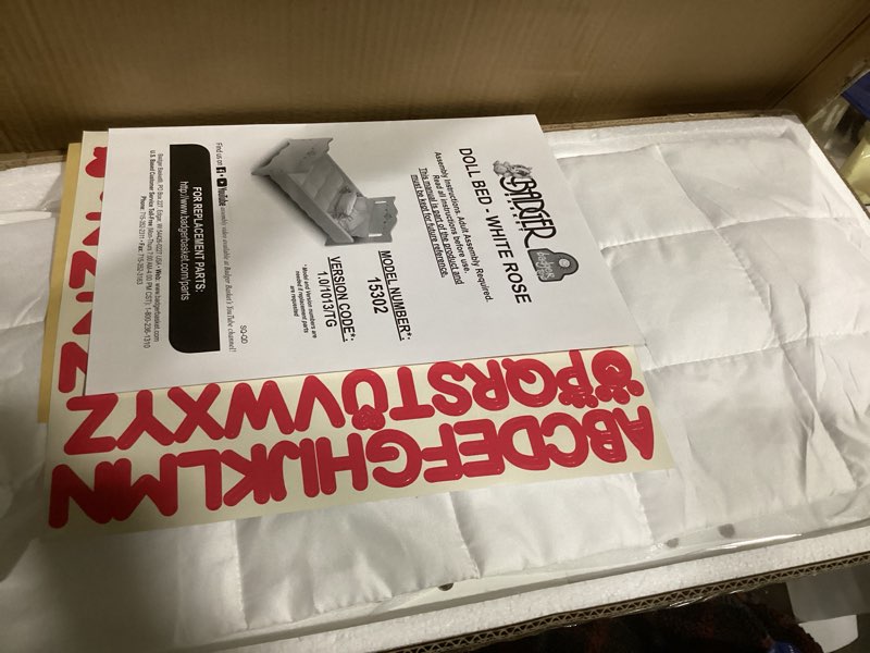 Condition photo showing Good Condition for Badger Basket Doll Bed with 18 Inch Blonde Doll – Includes Bedding, Personalization Sticker Kit, and White Rose Design for Customizable Play Bed with Blonde Doll