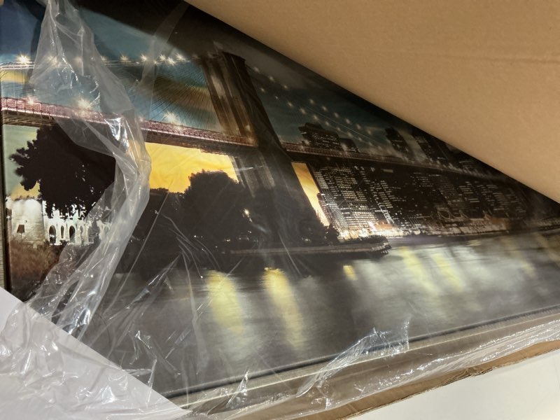 Condition photo showing Good Condition for Framed Brooklyn Bridge Wall Art: Large Size New York Cityscape Skylines Night Scene Modern Picture Artwork for Home Office Decoration (48” X 24”) 48"L x 24"W Brooklyn Bridge(Framed)