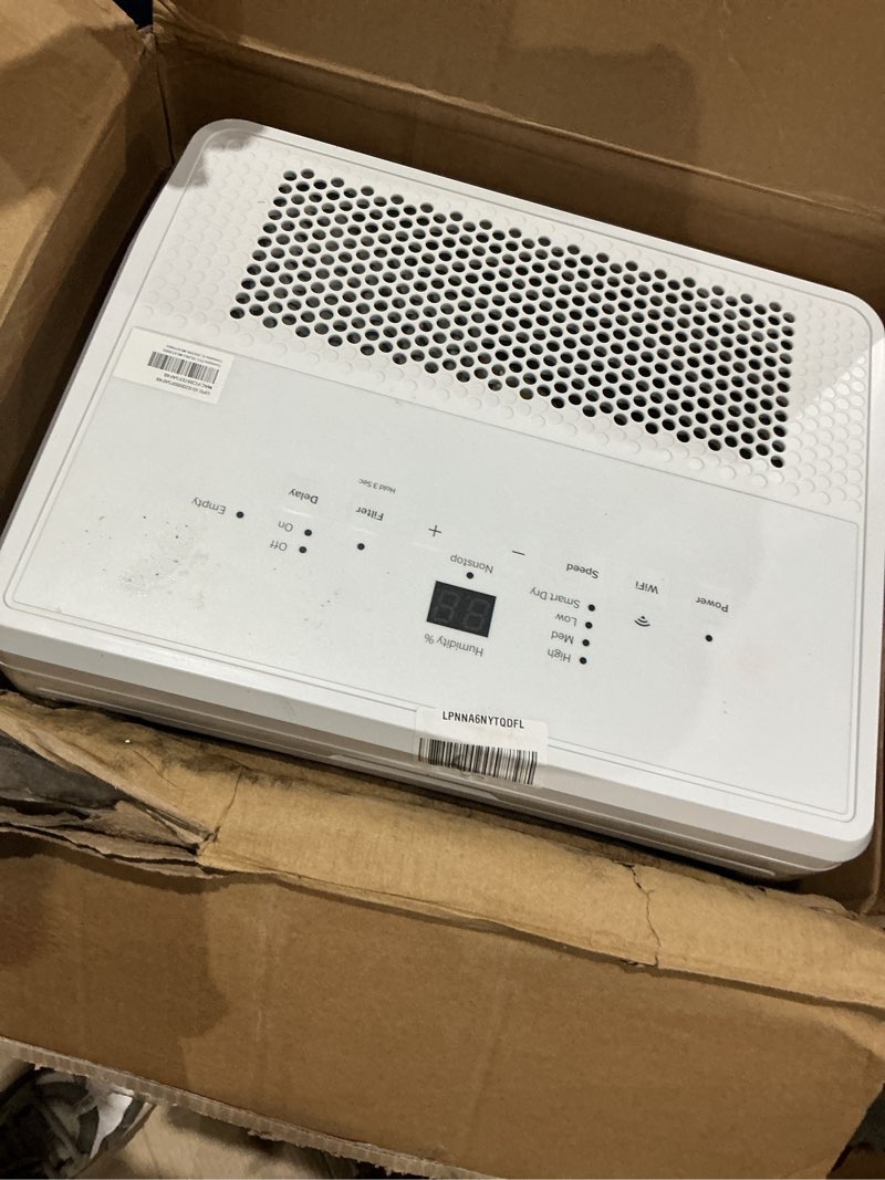 Condition photo showing As Is for ge smart portable dehumidifier w/wifi for basement, bedroom, bathroom, garage, large rooms up to 4500 sq ft, 50pint w/removable bucket & continuous drain connect for auto/manual drainage 50 pint - wifi