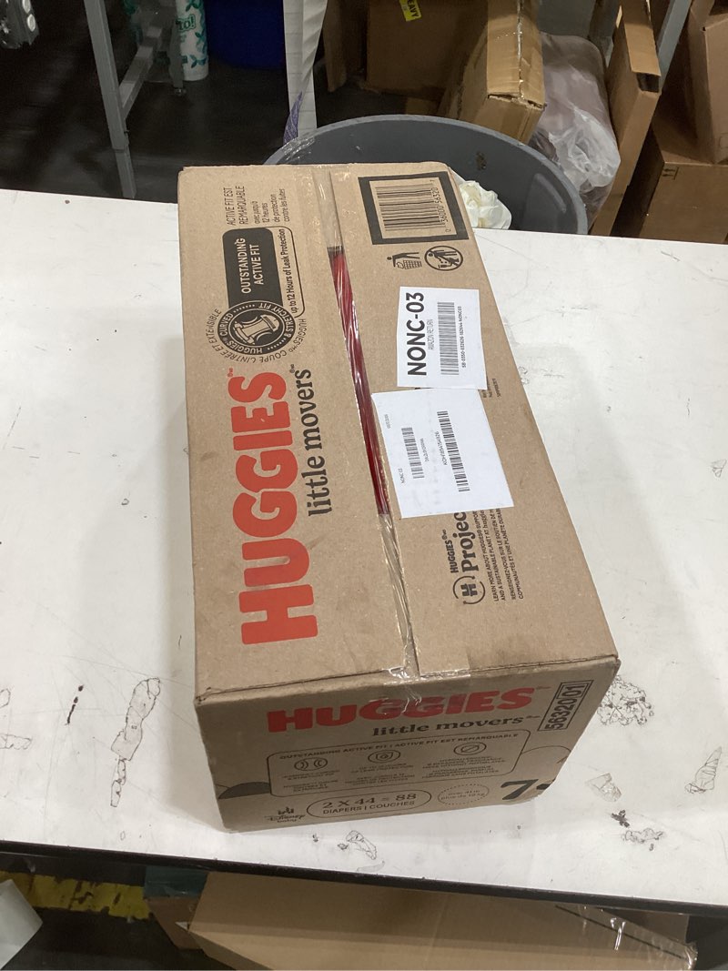 Condition photo showing New/Like New for huggies size 7 diapers, little movers baby diapers, size 7 (41+ lbs), 88 count (2 packs of 44), packaging may vary