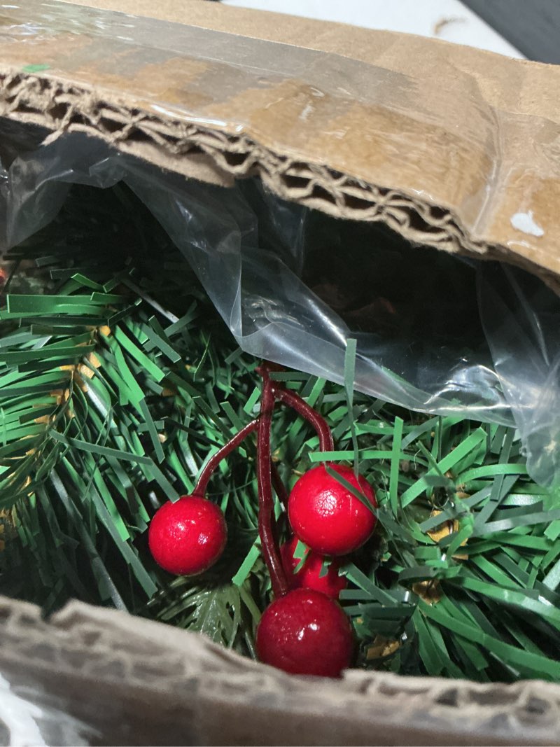 Condition photo showing New/Like New for 28’’ Pre-Lit Artificial Christmas Wreath, Theme Battery Operated 35 LED Lights with Faux Greenery, Pine Cones, Silver Leaves, White Berries and Silver Ornaments Silver & Green