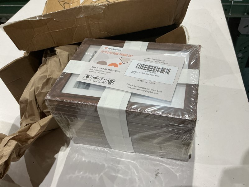 Condition photo showing New/Like New for upsimples 5x7 picture frame set of 10, display pictures 4x6 with mat or 5x7 without, multi photo frames collage for wall or tabletop display, brown brown 5x7