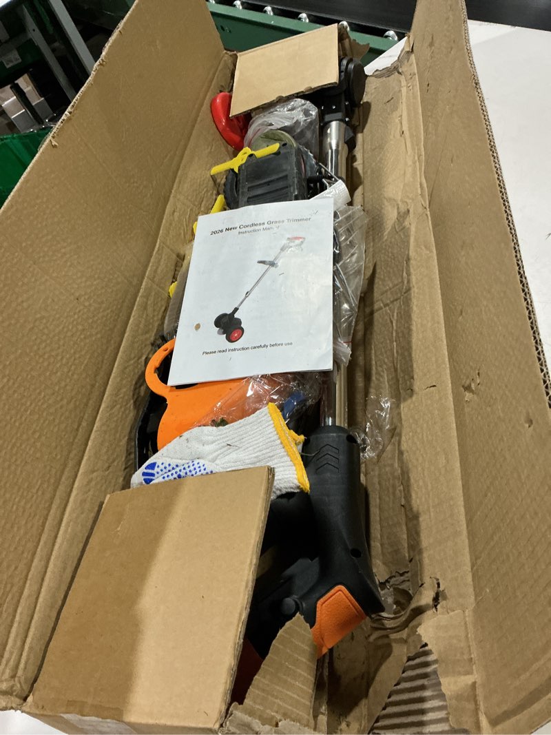 Condition photo showing As Is for cordless weed wacker electric weed eater battery powered, lightweight stringless weed trimmer,4 in 1 grass trimmer/brush cutter/lawn edger/lawn mower,no string trimmer battery operated for garden yard