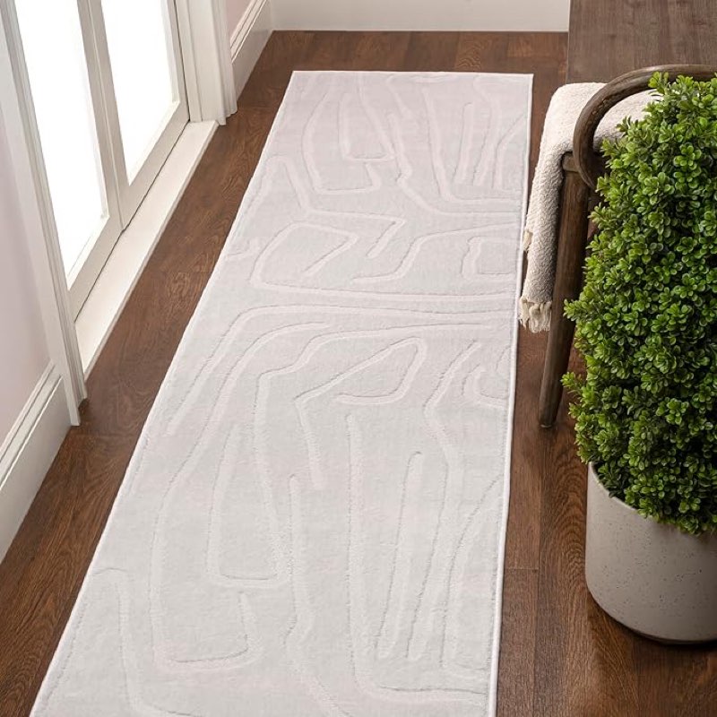 jonathan y graphic lines high-low runner rug 2x8 white/cream, alcina modern scandinavian for living room, bedroom, kitchen, easy-cleaning, high traffic, pet-friendly, non-shedding snd102b-28
