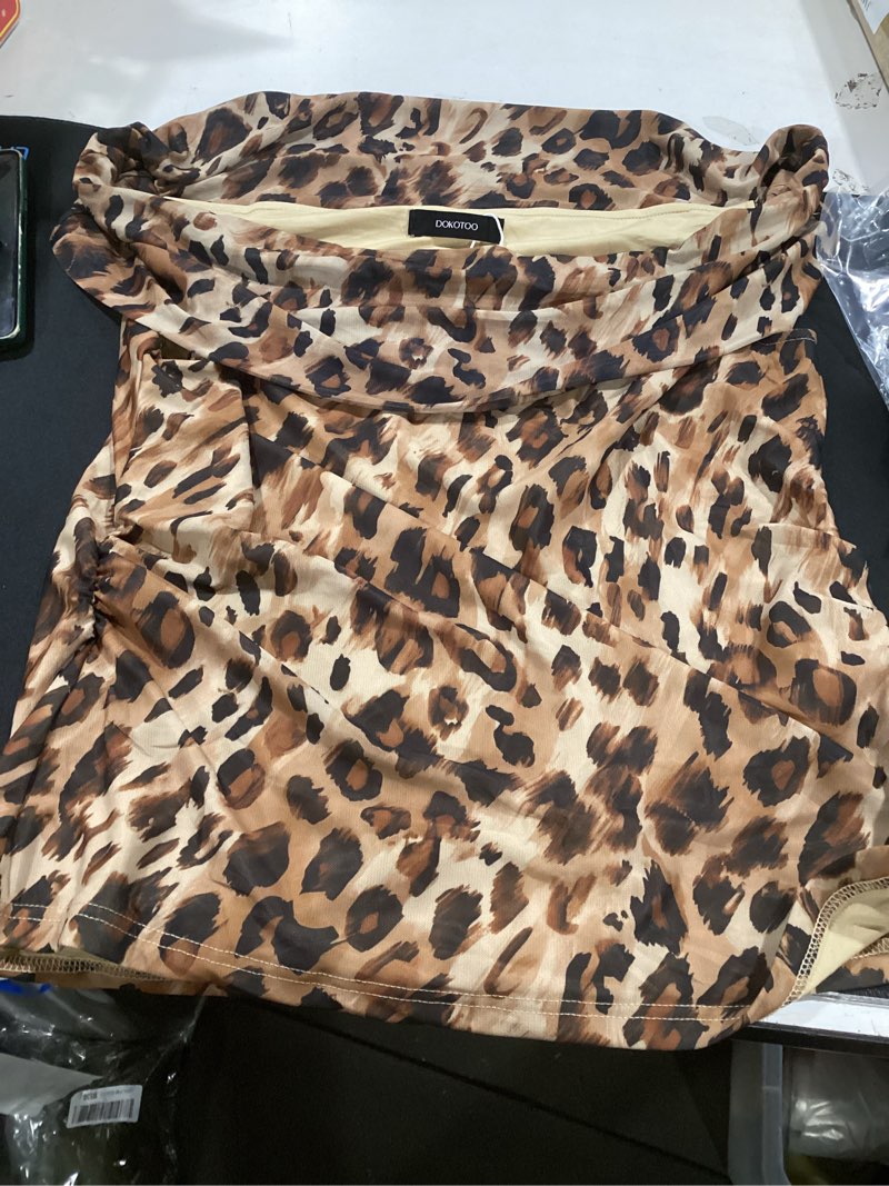 Condition photo showing New/Like New for xl dokotoo women's off shoulder printed mesh top ruched slim fit blouse large khaki leopard