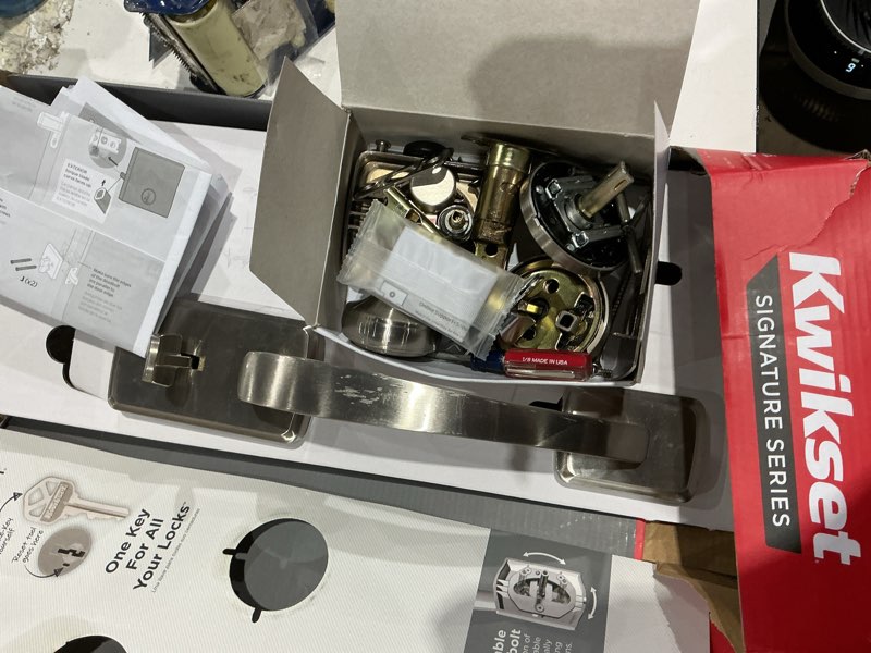Condition photo showing As Is for kwikset signature series brentford satin nickel exterior single-cylinder deadbolt and keyed entry