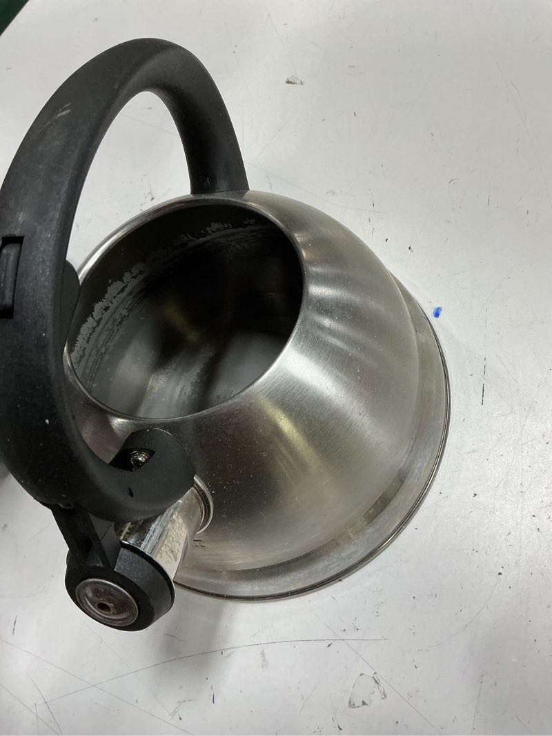 Condition photo showing As Is for mr. coffee flintshire 1.75-quart stainless steel whistling tea kettle – brushed satin finish stove-top kettle for boiling water 1.8 quarts brushed satin