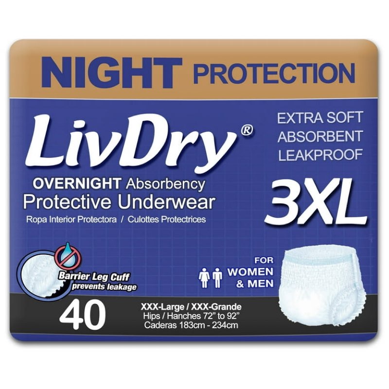 livdry 3xl overnight adult diapers for women and men, max protection incontinence underwear (xxx-large, 40-pack)