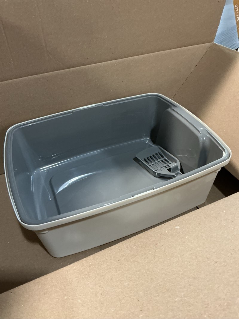 Condition photo showing As Is for amazon basics large cat litter box with high sides, open top for easy access, includes scoop with storage, 19" x 15" x 11.75", grey/beige grey/beige open top