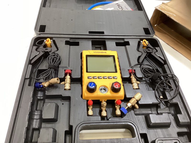 Condition photo showing Good Condition for vivohome digital hvac manifold gauge set, refrigeration ac gauges with 2 wired temperature clamp probes and 3 hoses, pressure and temp test, for r134a r410a r32 r1234yf r454b refrigerant recharge kit
