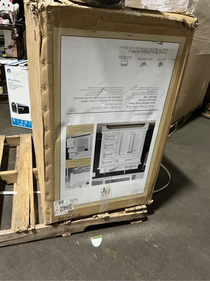 Condition photo showing As Is for allen + roth roveland 36-in white undermount single sink bathroom vanity with natural carrara natural marble top (fully assembled) item #2694633