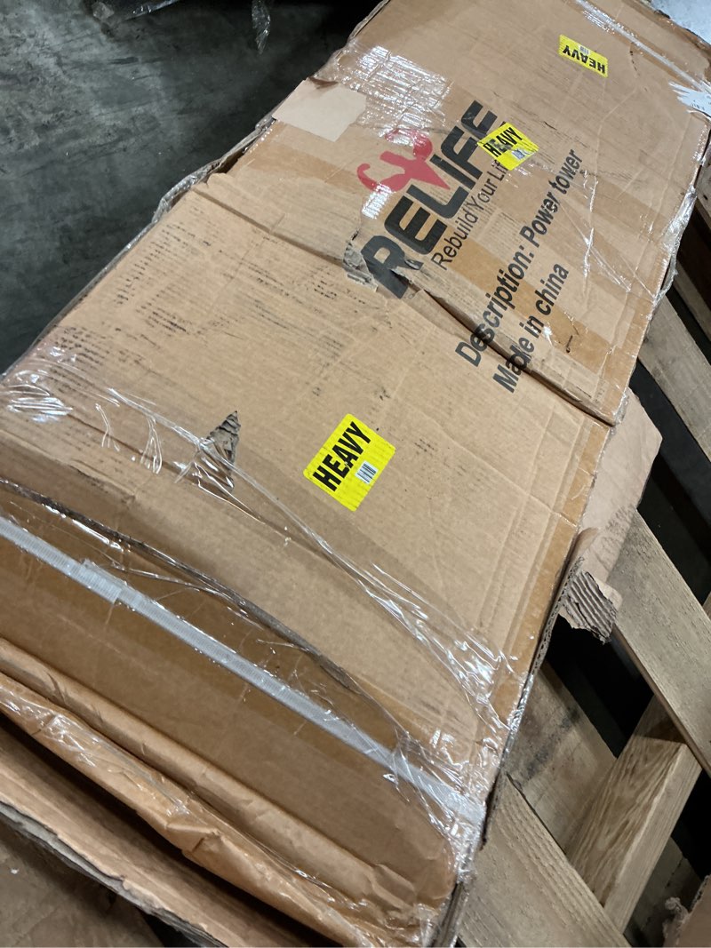 Condition photo showing As Is for relife rebuild your life power tower pull up bar station workout dip station for home gym strength training fitness equipment