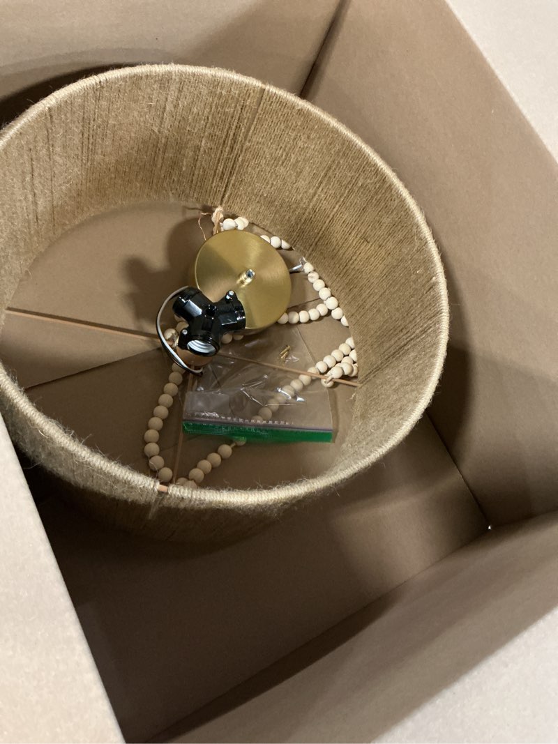 Condition photo showing As Is for 16'' Semi Flush Mount Ceiling Light,Boho Rattan Handmade Light Fixtures,3-Light Coastal Hemp Rope Ceiling Light with wooden beads,Farmhouse Rustic Ceiling Lights for Kitchen,Dining Room,Bedroom 16inch Brown